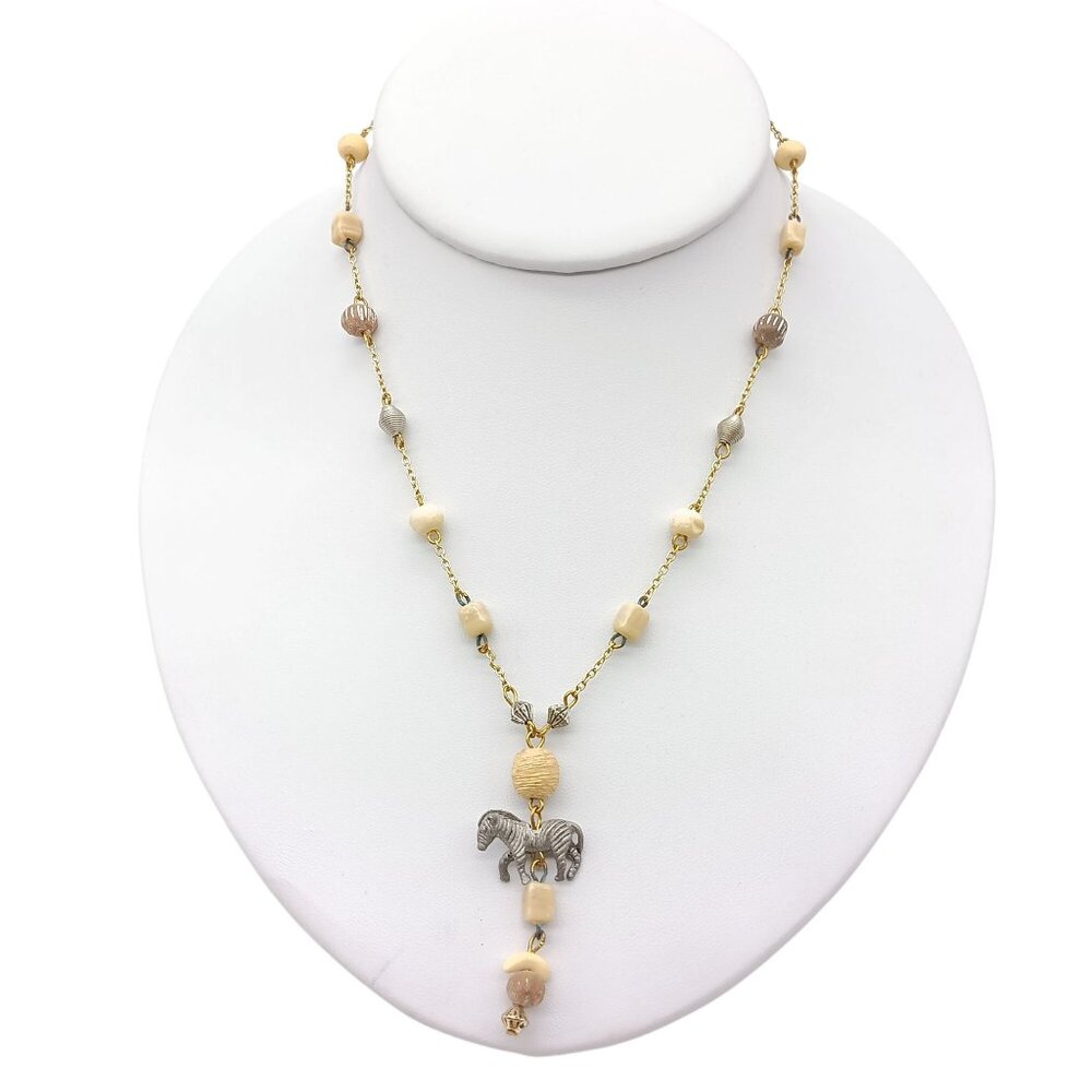 Zebra Charm Lavalier Beaded Choker Necklace with Mixed Beads & Gold Tone Vintage